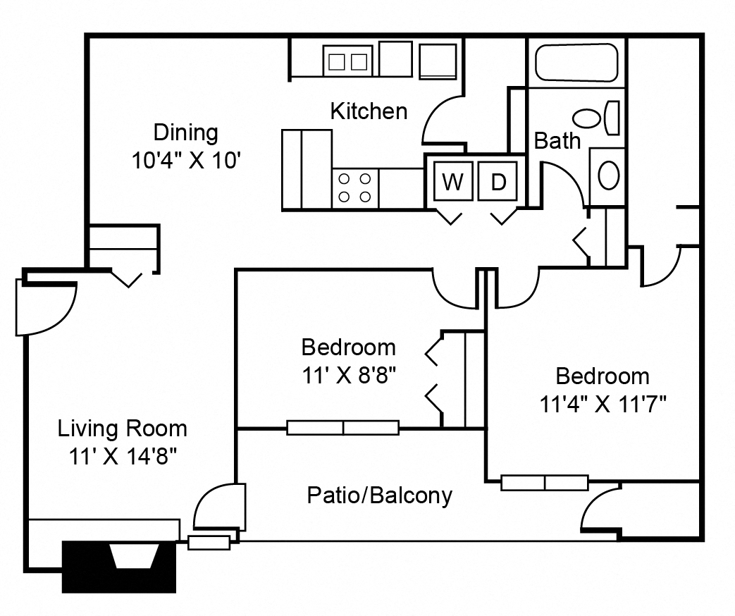 Floor plan for 2 beds, 1 bath, 906 sqft